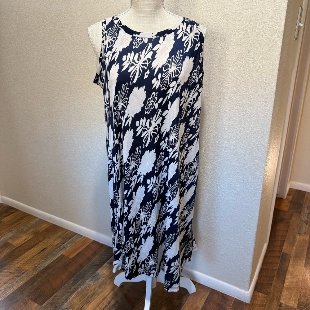 Candalite Women’s A-Line Dress - Stretch - Navy Blue & White - Floral - Size Med